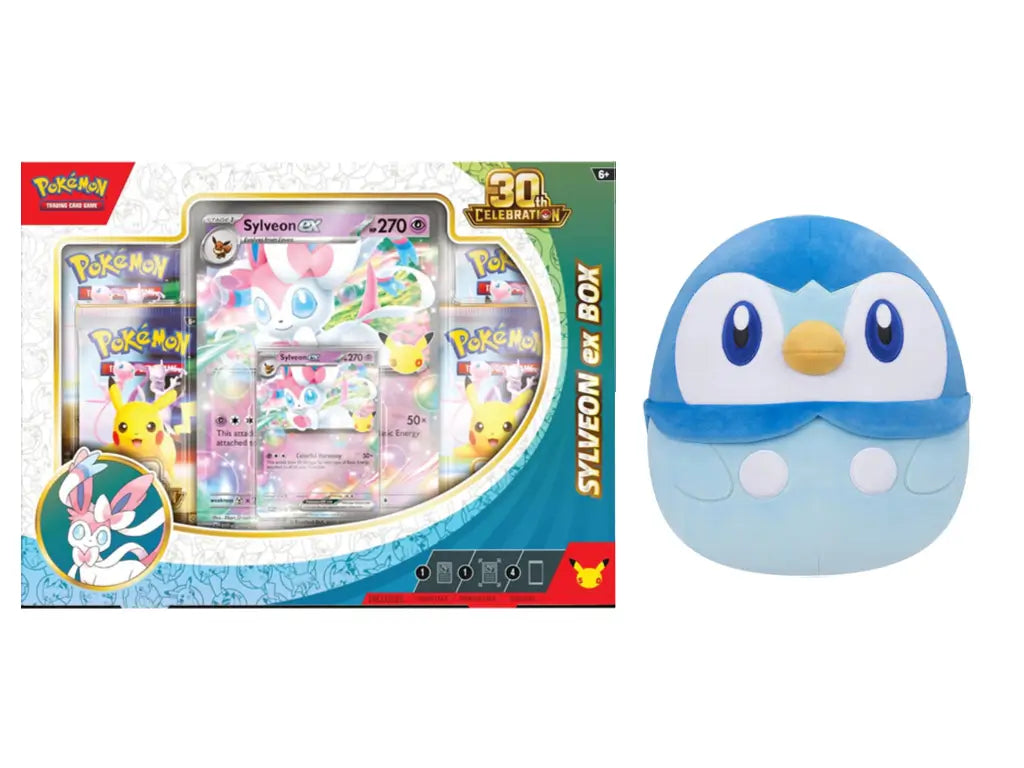 Pokémon TCG 30th Celebration Sylveon ex Box with Piplup Squishmallows plush bundle